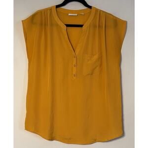 New York & Co Womens M Mustard Blouse Split Neck Minimalist Workwear Capsule Top